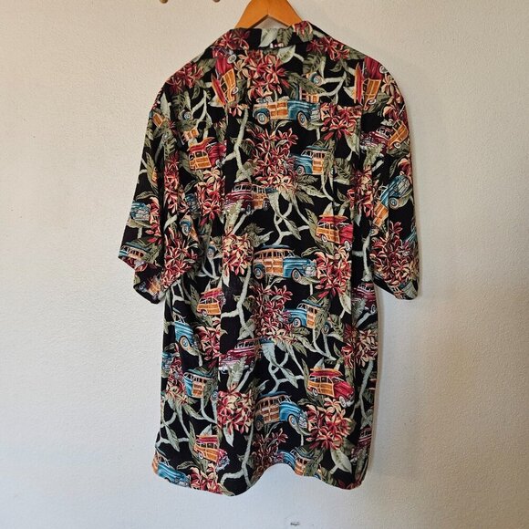 Izod Club Black Hawaiian Shirt L Aloha Car Print Retro 50s Style - Picture 7 of 8